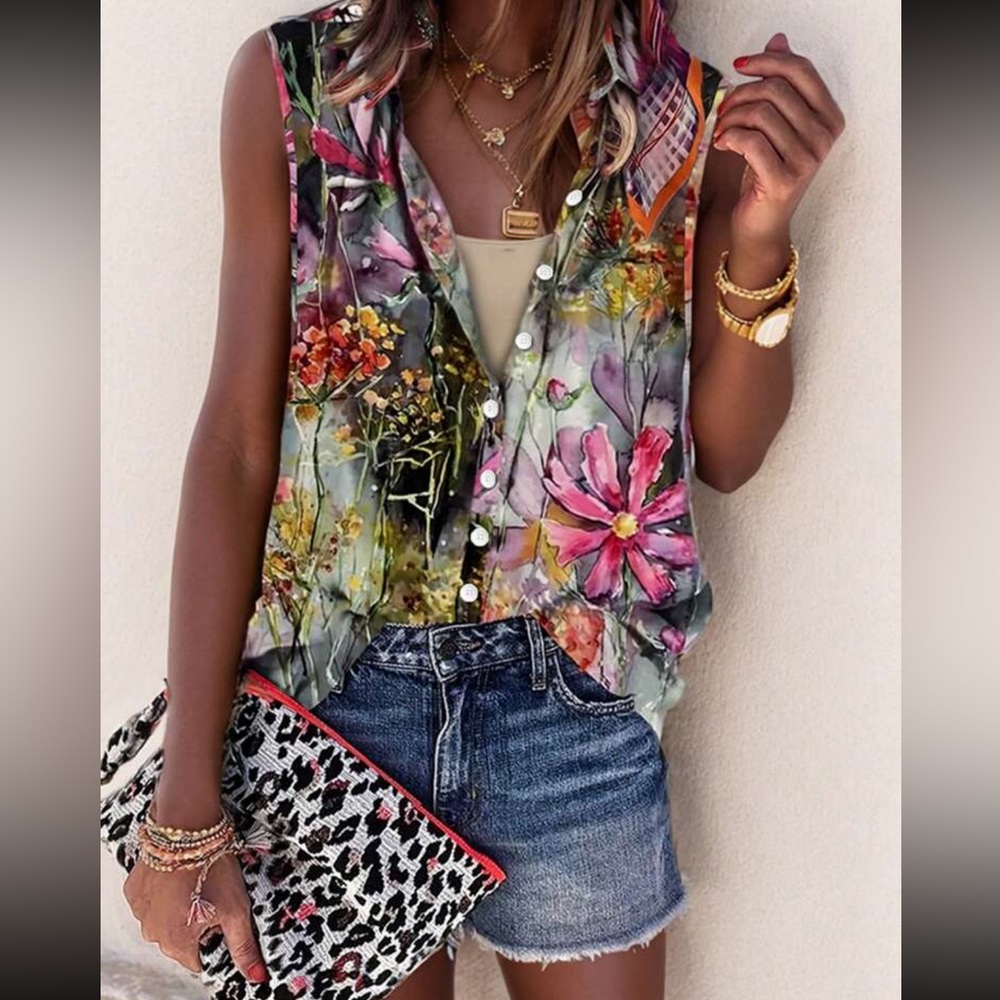 Boho western vintage floral print button down tank top
